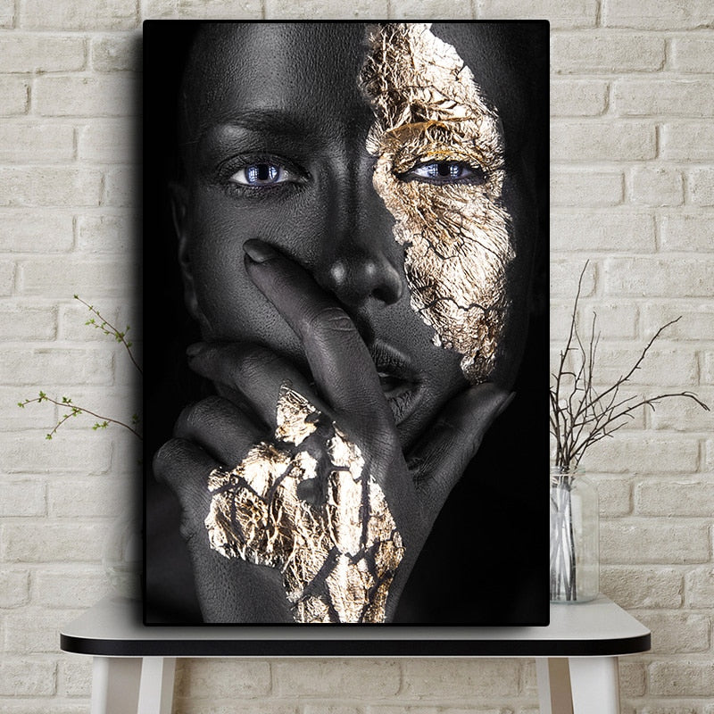 Living Room Wall Art- Black & Gold Woman. Painting Photo Canvas Print. WickedYo